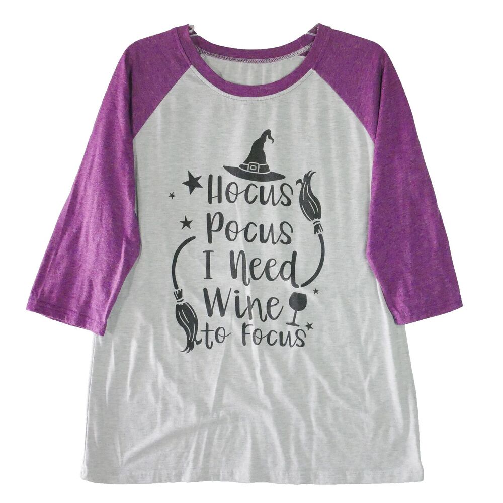 Shirt Women Size L Purple Gray Raglan Sleeves "Hocus Pocus I Need Wine to Focus"